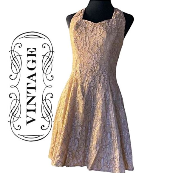 Vintage Made in USA Positively Ellyn gold lace open back halter mini dress - Picture 2 of 16